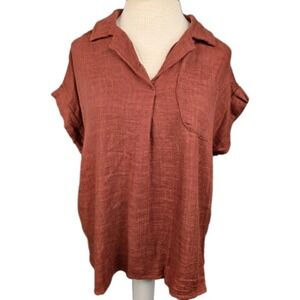 Bohme Women's Linen‎ Blend Top Medium Brown/Burnt  Collared Short Sleeve Shirt